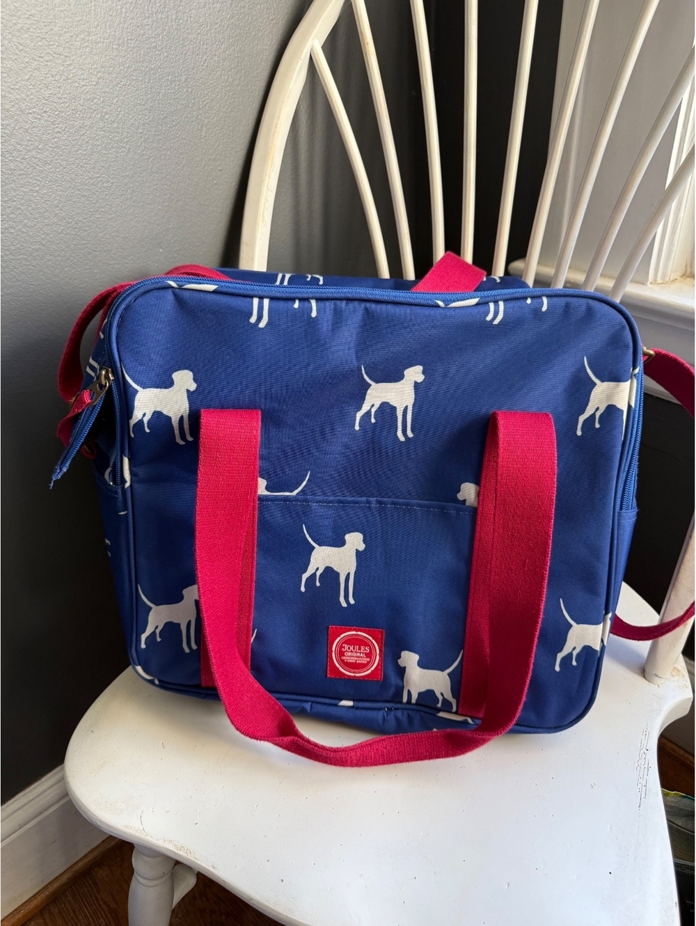 Joules Blue Dog Print Crossbody and Tote Bag with Pink Straps